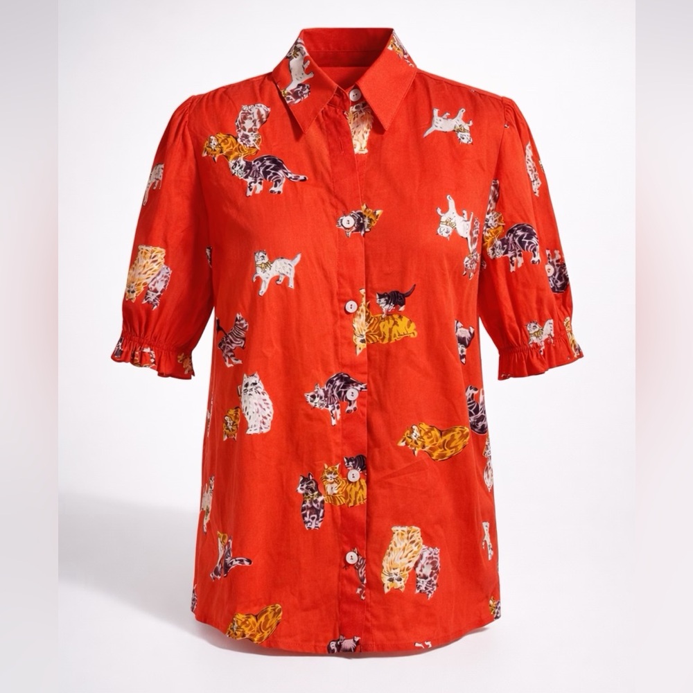 Modcloth Cotton Cat Print Short Sleeve Shirt, red, elastic cuffs, S, EUC
